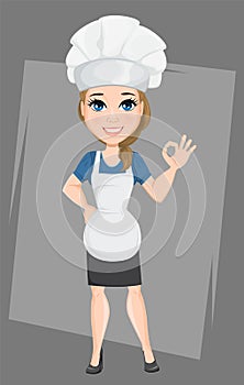 Chef woman showing OK sign. Cute cartoon character cook.