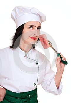 Chef woman smell stale meat chunk