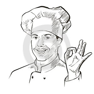 Chef in working uniform. smiling Baker in a chef cap in the restaurant kitchen, standing with crossed arms. Vector line