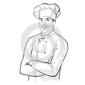 Chef in working uniform. smiling Baker in a chef cap in the restaurant kitchen, standing with crossed arms. Vector line