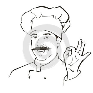 Chef in working uniform. smiling Baker in a chef cap in the restaurant kitchen, standing with crossed arms. Vector line