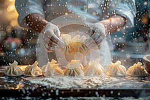 Chef& x27;s hands skillfully shaping dough into dumplings, creating a culinary masterpiece photo
