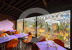 Chefchaouen medina center from famous cafe, blue city skyline on