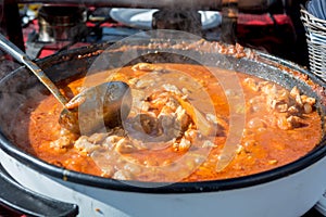 Cheff cooking delicious chicken soup dish outdoor.