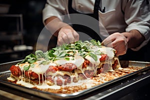 Chefs adding final touches to a perfectly baked parmigiana