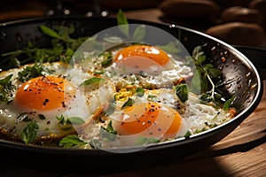 Chefs canvas top view of sunny side up eggs in the pan