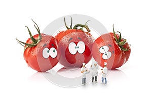 Chefs, in front of fresh tomato with eyes, isolated on a white background