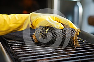 chefs hand with grill brush scraping charcoal residues off grill grates