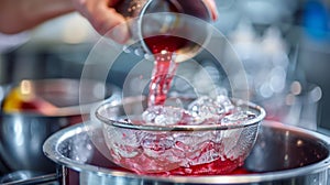Chefs hands carefully pouring a vibrant red liquid into a strainer over a glass filled with ice