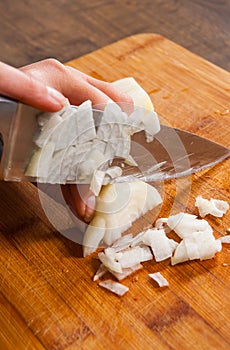 Chefs hands chopping onion