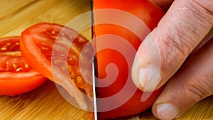 Chefs hands are cutting juicy ripe tomato with kitchen knife on wooden cutting board. 16x9 format. Close-up