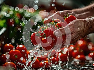 A chefs hands delicately sprinkle fresh tomatoes with water in a close-up shot