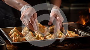 A chefs hands roll and fry samosas in a closeup shot