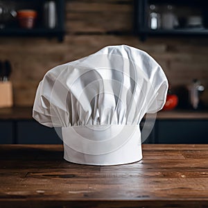 Chefs hat on kitchen table, space for personalized decoration photo