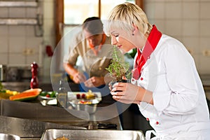 Chefs in a restaurant or hotel kitchen cooking