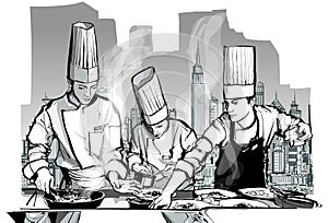 Chefs in a restaurant kitchen cooking