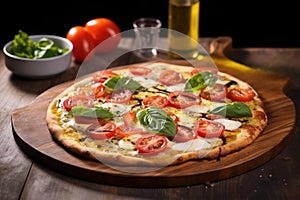 chefs special pizza with olive oil on wooden platter