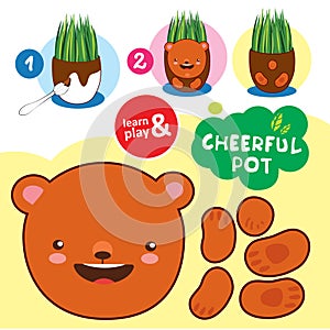 Chefull pot. Educational task for children. Paint pot with flower in brown cut out details of the bear and stick on pot