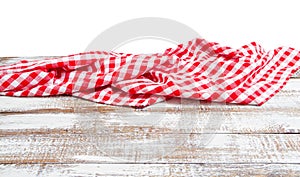 Chekered tablecloth on empty table isolated on white background copy space