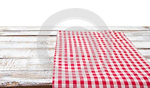 Chekered tablecloth on empty table isolated on white background copy space