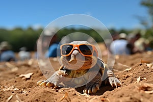 Chelonian wearing sunglasses perched atop a hill, AI-generated. photo