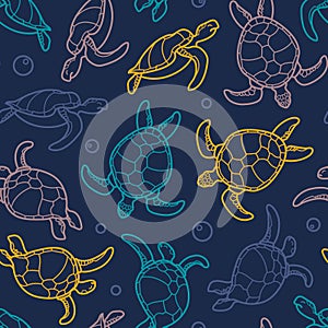 Cheloniidae. Seamless pattern with turtles. Linear graphics. Animal world under water. Ocean.