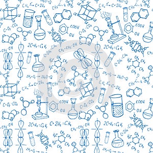Chem.istry hand drawn doodles background. science vector illustration