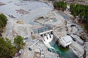 Chemal river. Chemal HPP. Chemal hydroelectric power station in Altai. aerial view from above by drones