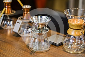 Chemex jar. Coffee equipment, glass flask for brewing coffee