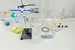 Chemical analysis glassware with measuring apparatus in laboratory