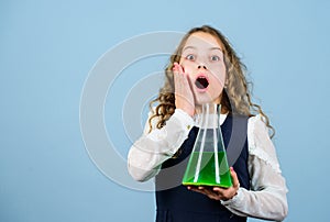 Chemical analysis. Harmful and vital options of chemical solute. Girl school pupil study chemical liquids. Learn