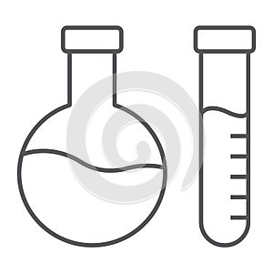 Chemical analysis thin line icon, laboratory and flask, tube test sign, vector graphics, a linear pattern on a white