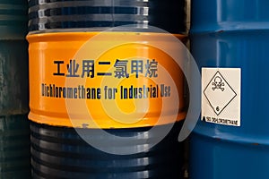 Chemical barrels of Dichloromethane solvent for industrial use, scientific research, and label of toxicity, hazardous chemical