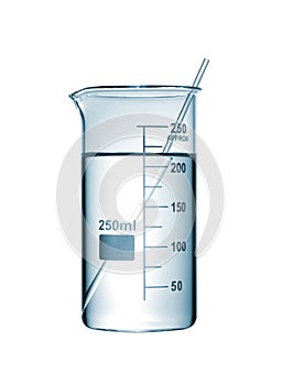 Chemical beaker with a solution and stirring rod on white background
