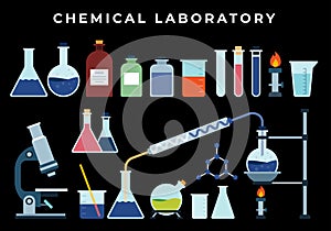 Chemical, biological pharmaceutical science lab research, analysis, experiment tools. Isolated illustration with flasks