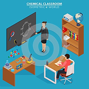 Chemical classroom. School education isometric design concept with teacher at blackboard and pupil in classroom.