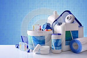 Chemical cleaning products for pool with blue mosaic background