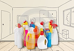 Chemical cleaning supplies on table background