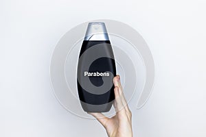 Chemical components on the shampoo label: parabens . A hand holds a jar and a magnifier, where the harmful ingredients of a photo