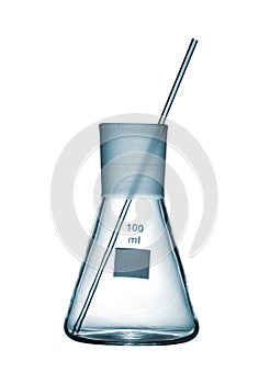 Chemical conical flask with a glass rod isolated on white background