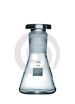 Chemical conical flask with a glass stopper isolated on white ba