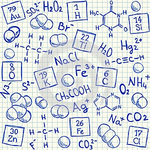 Chemical doodles on school squared paper photo