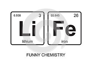 Chemical elements of periodic table. Funny chemistry, phrase - LIFE. Monochromatic design for web, print