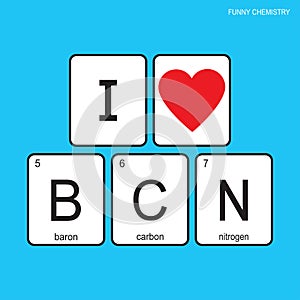 The chemical elements of the periodic table,funny phrase - I love barcelona on blue background
