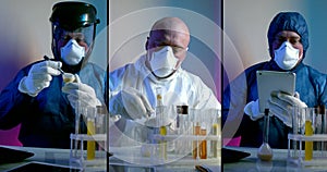 Chemical engineer is working in laboratory, toxic and dangerous liquids, triple portrait collage