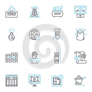 Chemical engineering linear icons set. Reactor, Catalyst, Polymer, Distillation, Synthesis, ion, Crystallization line