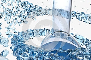Chemical equipment bottle and splashing liquid, 3d rendering