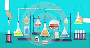 Chemical equipment in chemistry analysis laboratory. Science school research lab experiment vector background photo