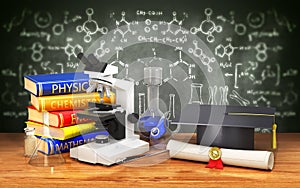 Chemical equipment for students on the table next to the diploma and academic hat on the background of a school board with a drawi