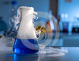 Chemical Experiment with Blue Liquid in Laboratory Beaker